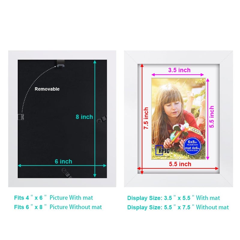 RPJC RPJC 6x8 inch Picture Frame Made of Solid Wood and High Definition Glass Display Pictures 4x6 with Mat or 6x8 Without Mat for Wall Mounting Photo Frame White - Image 3