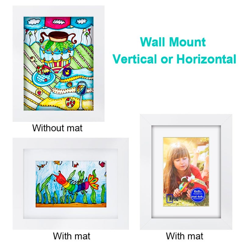 RPJC RPJC 6x8 inch Picture Frame Made of Solid Wood and High Definition Glass Display Pictures 4x6 with Mat or 6x8 Without Mat for Wall Mounting Photo Frame White - Image 4