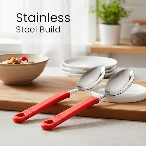 SUPERMOM Spoon Set for Kitchen 6 Pc – Stainless Steel Tea Spoon with Comfortable Plastic Handle – Durable Rust-Resistant Spoon Set for Kids Cutlery, Tea, Coffee, Desserts Eating & Daily Dining (Red) - Image 4