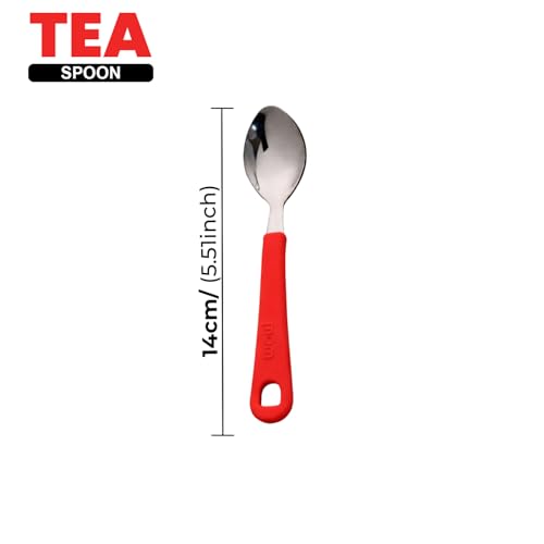 SUPERMOM Spoon Set for Kitchen 6 Pc – Stainless Steel Tea Spoon with Comfortable Plastic Handle – Durable Rust-Resistant Spoon Set for Kids Cutlery, Tea, Coffee, Desserts Eating & Daily Dining (Red) - Image 3