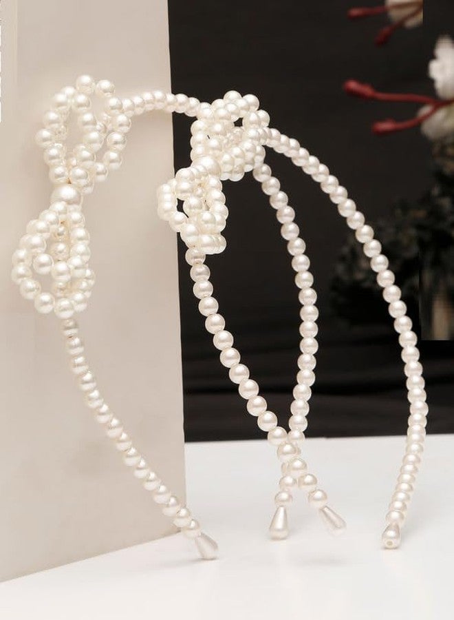 NEOBABY Fashion Headbands,White Faux Pearl Rhinestones Hairbands Bridal Hair Hoop Wedding Hair Accessories for Women Girls (PEARL BOW 2PCS) - Image 4