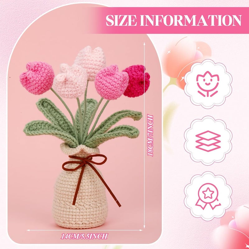 Marsui Crochet Knitting Tulip Bouquets with Vase 7 Inch Knitted Artificial Forever Tulip Hand Woven Flower with Exquisite Pot for Women Birthday Gifts Family Home Office Decor(Pink) - Image 2