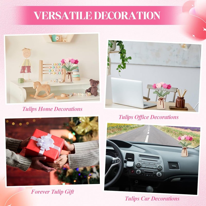 Marsui Crochet Knitting Tulip Bouquets with Vase 7 Inch Knitted Artificial Forever Tulip Hand Woven Flower with Exquisite Pot for Women Birthday Gifts Family Home Office Decor(Pink) - Image 5