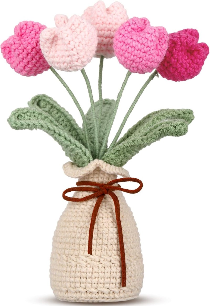 Marsui Crochet Knitting Tulip Bouquets with Vase 7 Inch Knitted Artificial Forever Tulip Hand Woven Flower with Exquisite Pot for Women Birthday Gifts Family Home Office Decor(Pink) - Image 1
