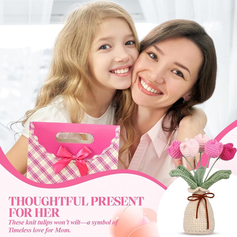Marsui Crochet Knitting Tulip Bouquets with Vase 7 Inch Knitted Artificial Forever Tulip Hand Woven Flower with Exquisite Pot for Women Birthday Gifts Family Home Office Decor(Pink) - Image 4