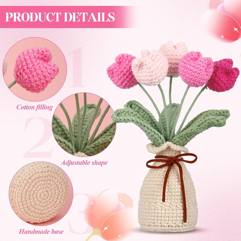Marsui Crochet Knitting Tulip Bouquets with Vase 7 Inch Knitted Artificial Forever Tulip Hand Woven Flower with Exquisite Pot for Women Birthday Gifts Family Home Office Decor(Pink) - Image 3