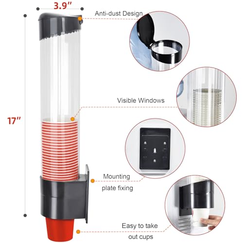 IWNTWY Cup Dispenser, Pull Type Wall Mount Cup Holder, Water Cooler Cup Dispenser Fits 7oz - 12oz Cups for Home Office Hospital Cups Organizer, Adhesive Paste or Screw Install (Black, Large) - Image 2