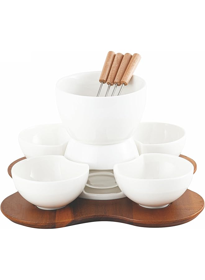 شالو طقم فوندو من خشب الأكاسيا مع ستانلس ستيل، مكون من 10 قطع، أبيض وبني، 27 سم