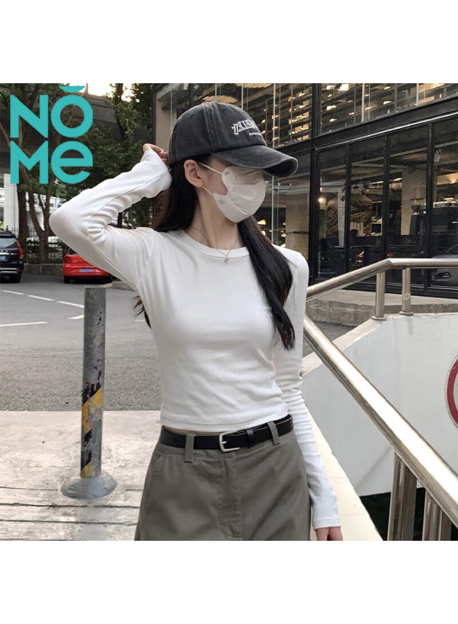 Nome Long-sleeve T-shirt For Women, New Early Autumn Style, Slim-fit Ribbed Inner Layer, Korean-style Regular Shoulder Top, White, 2XL - Image 1