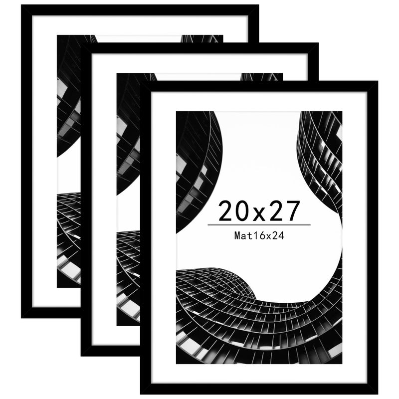 Abtgt 20x27 Picture Frame Set of 3, Display Pictures 16x24 with Mat or 20x27 without Mat, Poster Frame for Wall Mounting Display, Black - Image 1