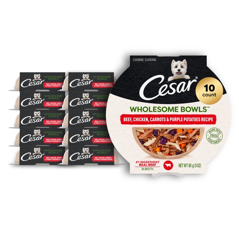 Cesar Wholesome Bowls Adult Wet Dog Food, Beef, Chicken, Purple Potatoes & Carrots, 3 oz. (10 Count, Pack of 1) - Image 1