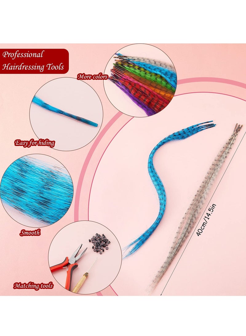 Excefore Colored Synthetic Hair Feather, 52 Pcs Colorful False Hair Extension Mixed Color Straight Hair Feather with 200 Pieces Silicone Lined Micro Ring, Crochet Hook, Hair Extension Remover Plier for Women - Image 2