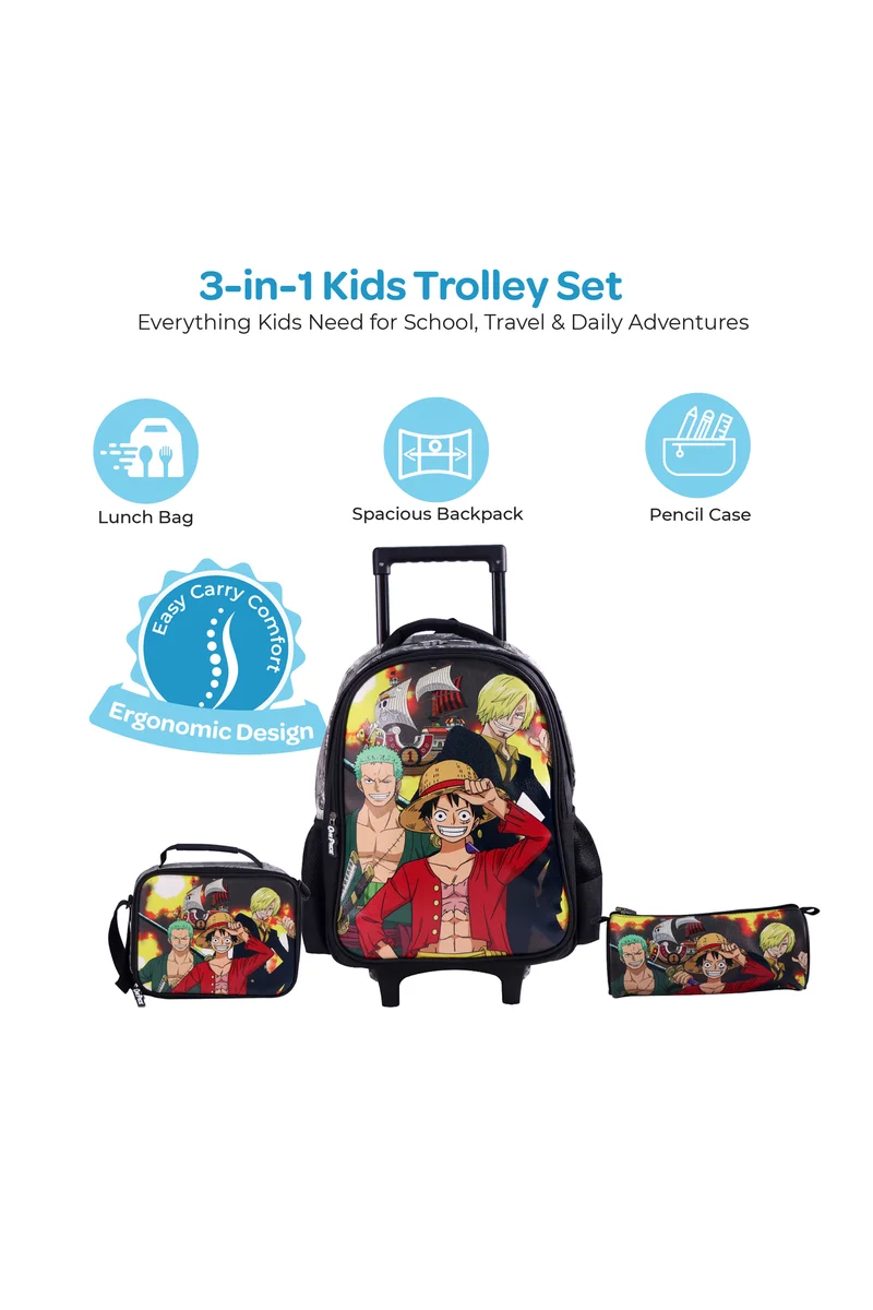 مون MOON Licensed One Piece 3 in 1 Kids Trolley Set   - (16-Inch) Premium Kids School Bag with Lunch Bag & Pencil Case- Black