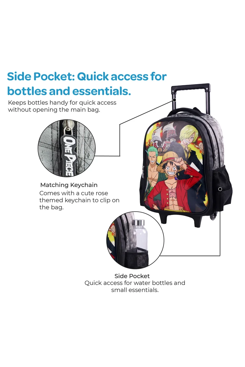 مون MOON Licensed One Piece 3 in 1 Kids Trolley Set   - (16-Inch) Premium Kids School Bag with Lunch Bag & Pencil Case- Black
