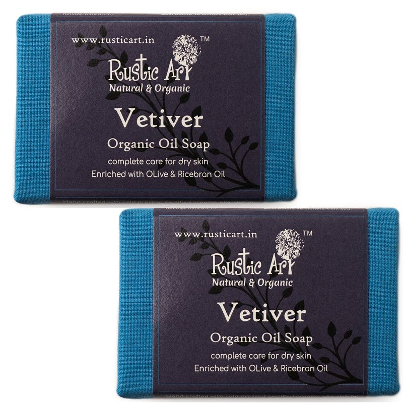 Rustic Art Organic Vetiver Soap  Coconut Milk  Cocoa Butter  Normal to Dry Skin  Coldprocessed  Clear Complexion  For Women  Men  100g Pack of 2