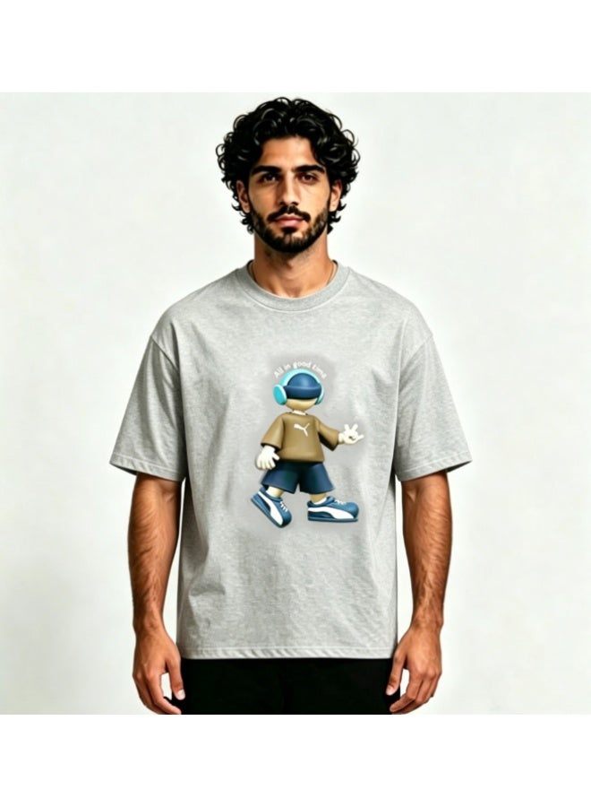 Puma "All in Good Time" 3D Cartoon Character Cotton Light Grey T-Shirt-XXXXL - Image 1