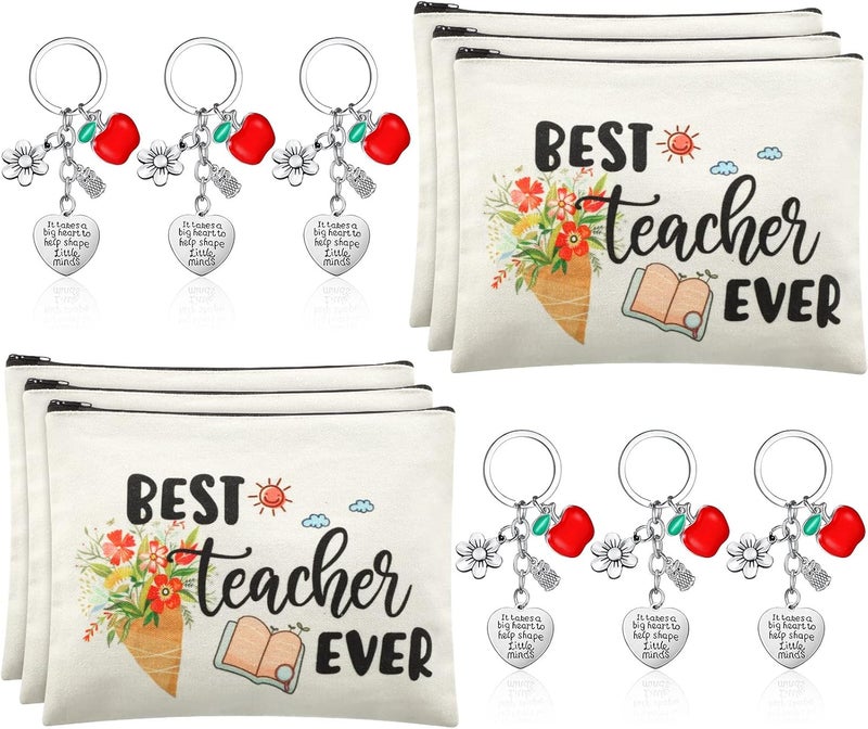 Sureio 12 PCS Teacher Appreciation Gift Set 6 Teacher Kit Makeup Cosmetic Bags and 6 Keychains Valentines Graduation Gifts