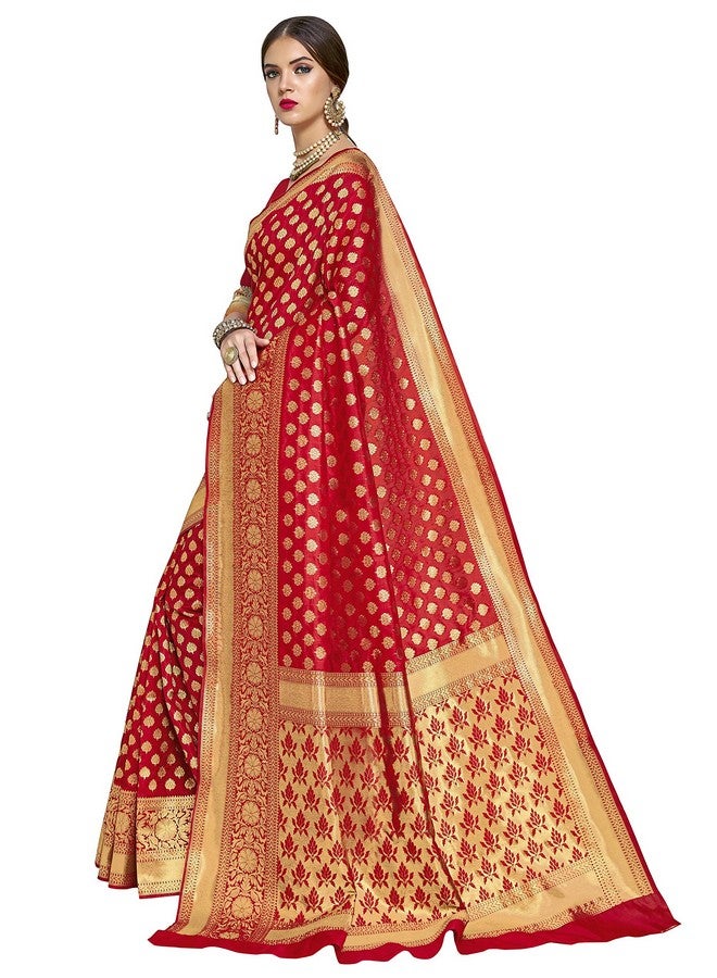 Glory Sarees ساريز غلوري ساري نسائي من حرير كانجيفارام الناعم المنسوج بأسلوب بناراسي مع قطعة بلوزة للزفاف (kara115red_Red) - Image 2