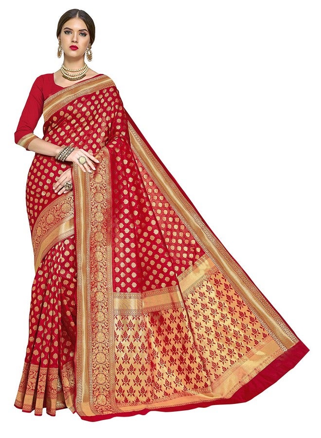 Glory Sarees ساريز غلوري ساري نسائي من حرير كانجيفارام الناعم المنسوج بأسلوب بناراسي مع قطعة بلوزة للزفاف (kara115red_Red) - Image 4