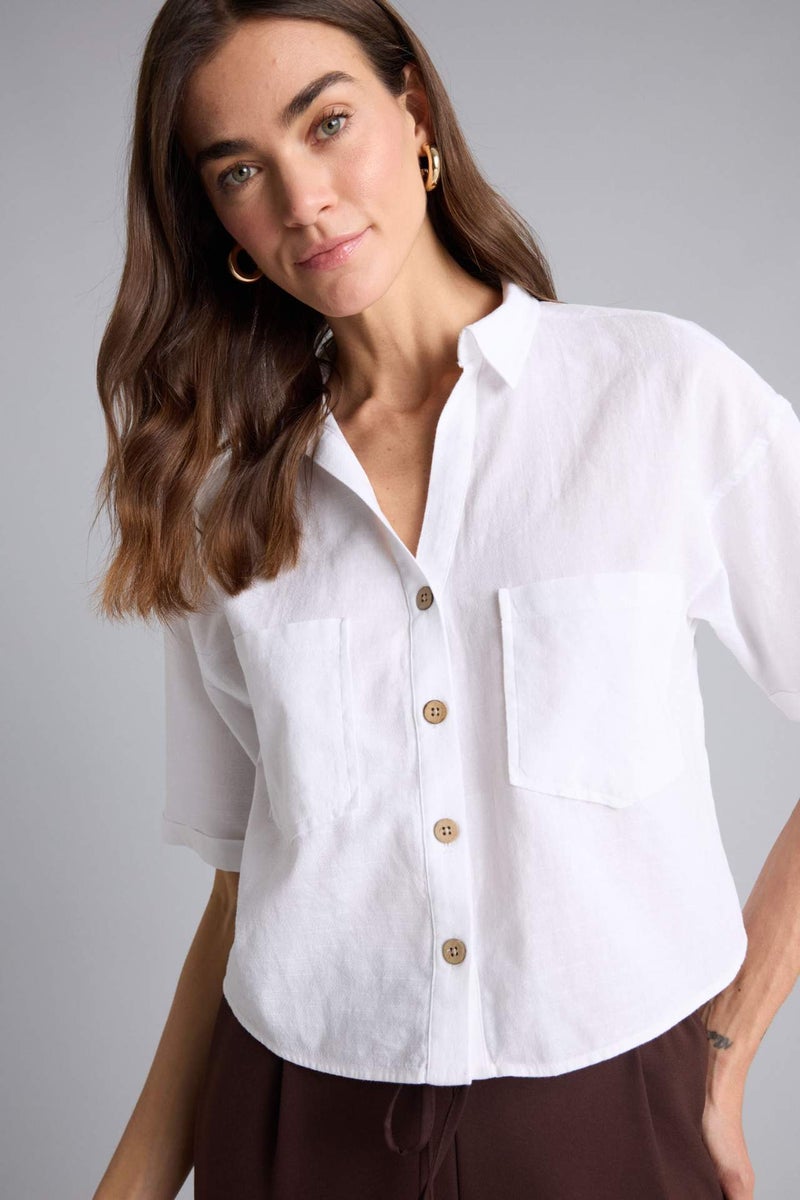 DeFacto Boxy Fit Shirt Collar Linen Blended Short Sleeve Shirt - Image 1