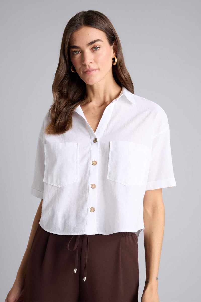 DeFacto Boxy Fit Shirt Collar Linen Blended Short Sleeve Shirt - Image 3