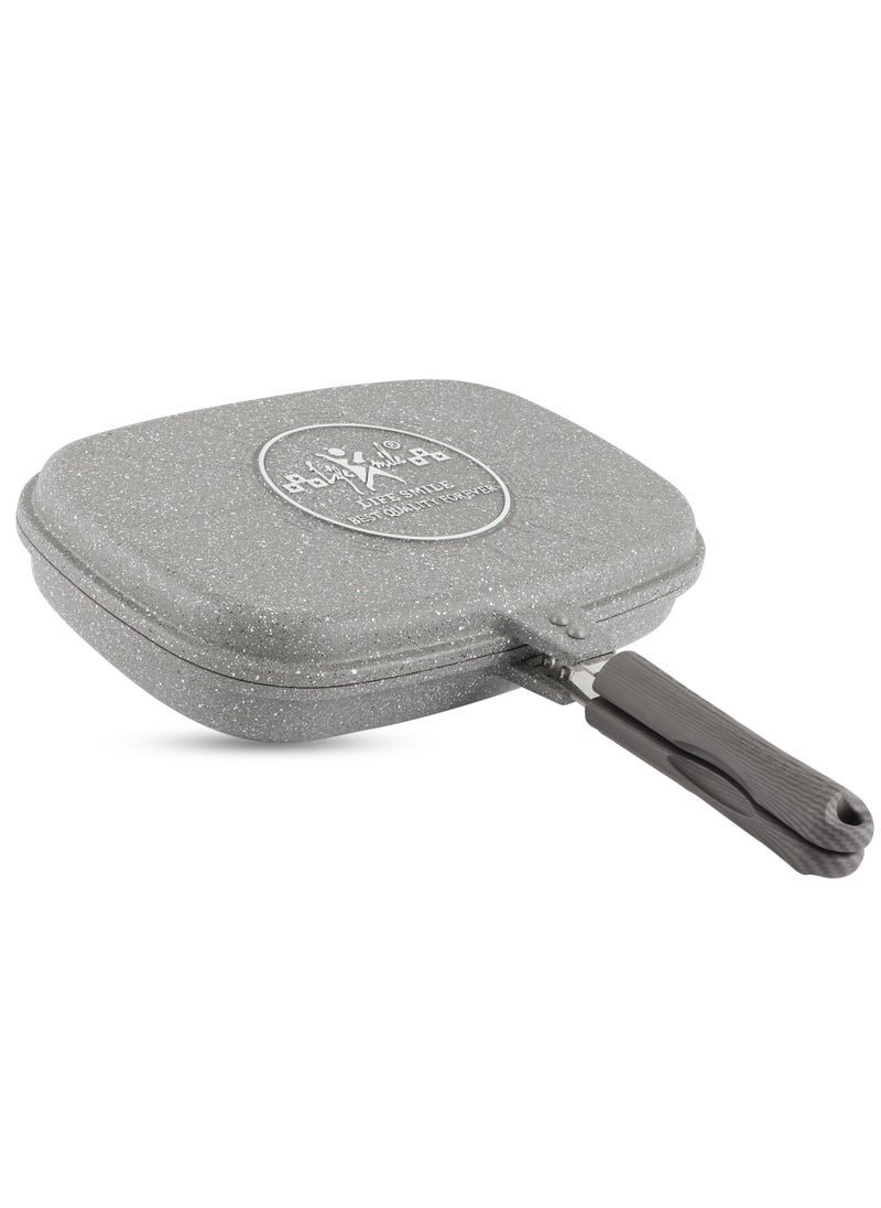 Life Smile - LIFE SMILE 36 CM Smart Double Grill Pan - Multi Layer Granite Non-Stick Coating With Magnetic Handle - Flipping Grill Frying Pan | Multiple Hob Compatibility (Grey) - Image 1
