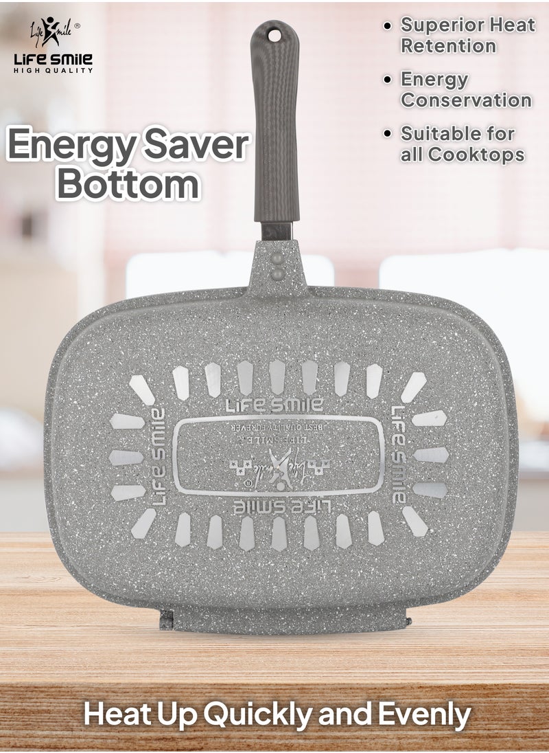 Life Smile - LIFE SMILE 36 CM Smart Double Grill Pan - Multi Layer Granite Non-Stick Coating With Magnetic Handle - Flipping Grill Frying Pan | Multiple Hob Compatibility (Grey) - Image 1