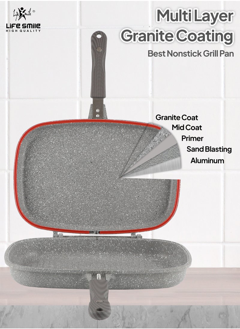 Life Smile - LIFE SMILE 36 CM Smart Double Grill Pan - Multi Layer Granite Non-Stick Coating With Magnetic Handle - Flipping Grill Frying Pan | Multiple Hob Compatibility (Grey) - Image 1