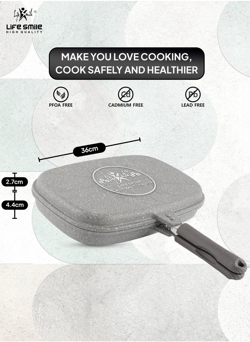 Life Smile - LIFE SMILE 36 CM Smart Double Grill Pan - Multi Layer Granite Non-Stick Coating With Magnetic Handle - Flipping Grill Frying Pan | Multiple Hob Compatibility (Grey) - Image 1