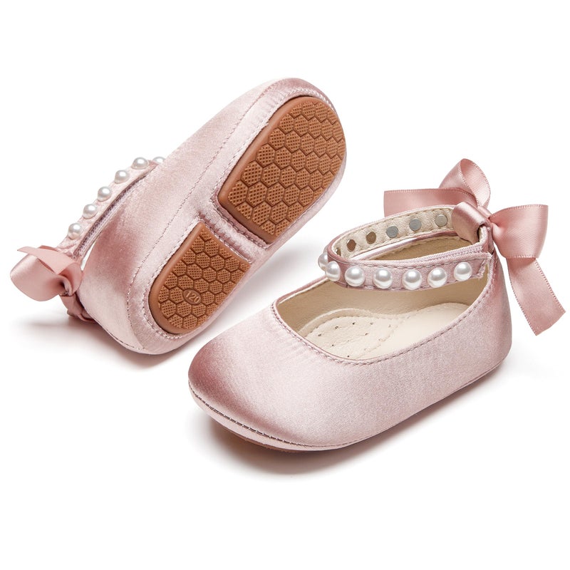 PHIRAMIN Baby Girls Satin Pink Mary Jane Flats - Infant 6-9 Months Walking Shoes Soft Rubber Sole Princess Wedding - Image 1