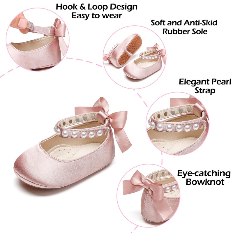 PHIRAMIN Baby Girls Satin Pink Mary Jane Flats - Infant 6-9 Months Walking Shoes Soft Rubber Sole Princess Wedding - Image 5