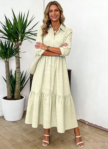 XNC Women's Striped Maxi Dresses 2026 Summer Fashion Collared Boho Dress Print 3/4 Sleeve Work Dress with Pockets - Image 3