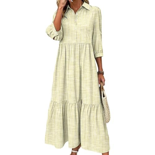XNC Women's Striped Maxi Dresses 2026 Summer Fashion Collared Boho Dress Print 3/4 Sleeve Work Dress with Pockets - Image 1