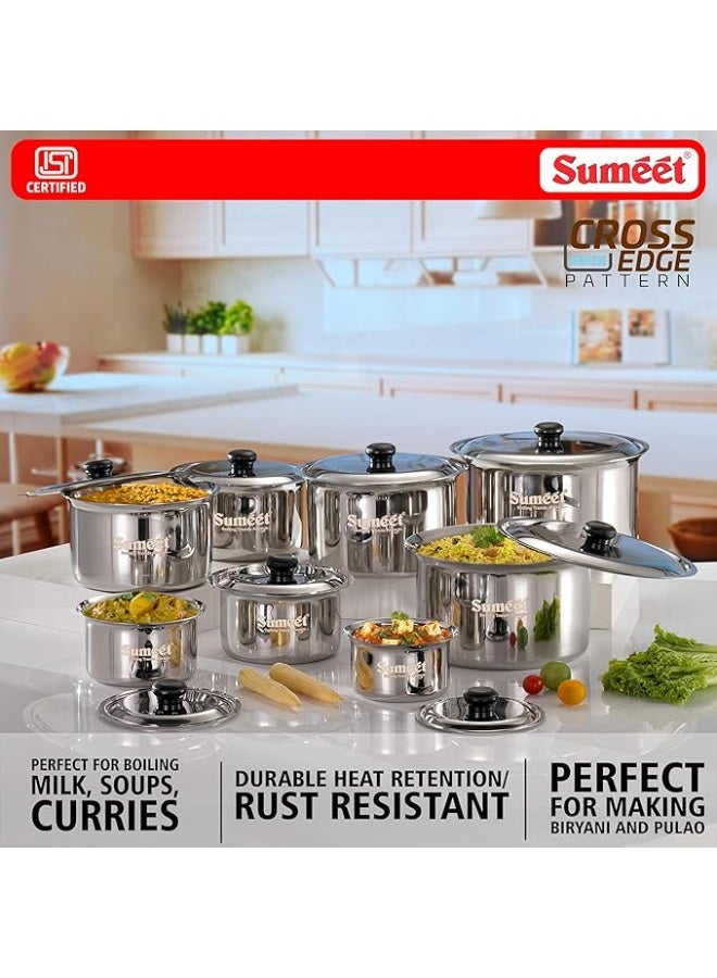 Sumeet ISI Certified HeavyPly Premium Stainless Steel patila Set, 8 pcs with lids – 400 ml, 600 ml, 830 ml, 1150 ml, 1400 ml, 1900 ml, 2500 ml, 3000 ml, Induction & Gas Compatible cookware Set - Image 4