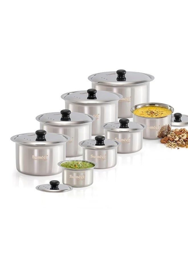 Sumeet ISI Certified HeavyPly Premium Stainless Steel patila Set, 8 pcs with lids – 400 ml, 600 ml, 830 ml, 1150 ml, 1400 ml, 1900 ml, 2500 ml, 3000 ml, Induction & Gas Compatible cookware Set - Image 1