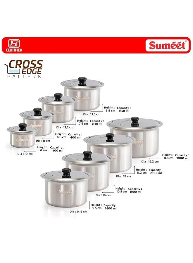 Sumeet ISI Certified HeavyPly Premium Stainless Steel patila Set, 8 pcs with lids – 400 ml, 600 ml, 830 ml, 1150 ml, 1400 ml, 1900 ml, 2500 ml, 3000 ml, Induction & Gas Compatible cookware Set - Image 3