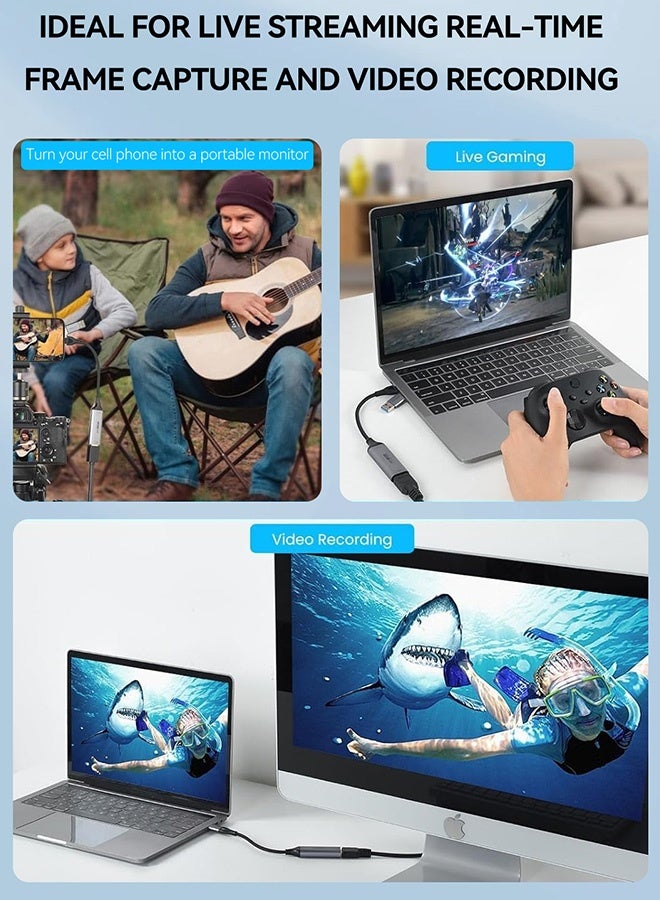 بشكل مختصر كرت التقاط الفيديو، 4K HDMI إلى USB-A/USB-C، آلة التقاط وتسجيل الفيديو والصوت عالية الدقة 1080P 60fps للمباريات والبث المباشر والمؤتمرات الفيديوية، متوافق مع Switch PS5 Xbox TV Stick iPadOS MacBook - Image 3