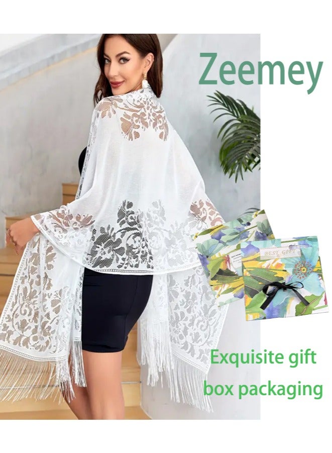 زيمي شال نسائي عصري من الدانتيل، أبيض كلون أساسي، 60*200 سم، نمط دانتيل زهري رائع، مزين بشراشيب، أنيق وساحر - Image 1