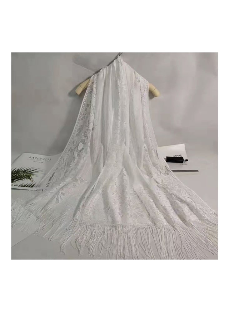 زيمي شال نسائي عصري من الدانتيل، أبيض كلون أساسي، 60*200 سم، نمط دانتيل زهري رائع، مزين بشراشيب، أنيق وساحر - Image 4