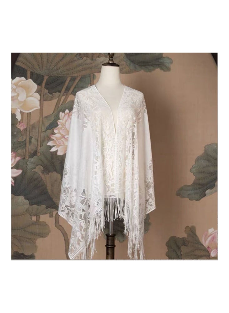 زيمي شال نسائي عصري من الدانتيل، أبيض كلون أساسي، 60*200 سم، نمط دانتيل زهري رائع، مزين بشراشيب، أنيق وساحر - Image 3