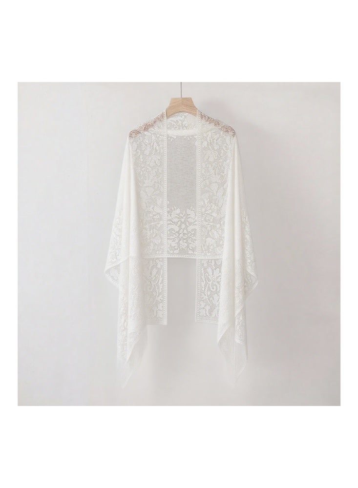 زيمي شال نسائي عصري من الدانتيل، أبيض كلون أساسي، 60*200 سم، نمط دانتيل زهري رائع، مزين بشراشيب، أنيق وساحر - Image 5