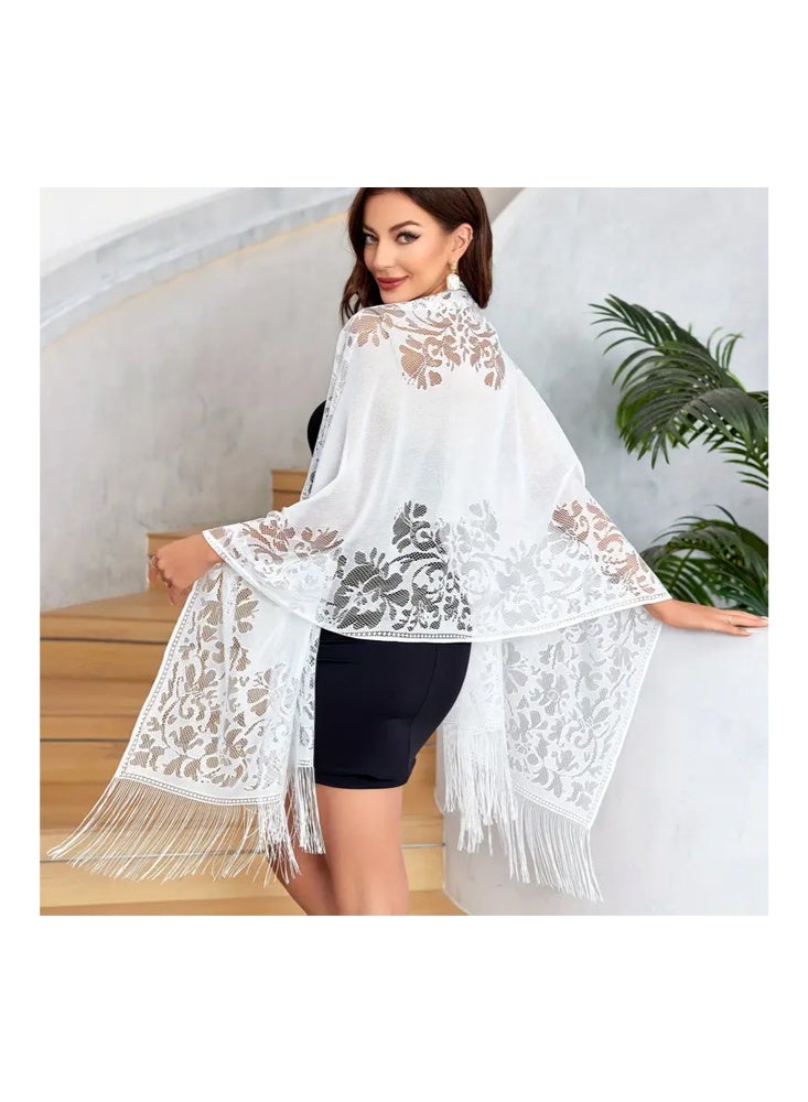 زيمي شال نسائي عصري من الدانتيل، أبيض كلون أساسي، 60*200 سم، نمط دانتيل زهري رائع، مزين بشراشيب، أنيق وساحر - Image 2