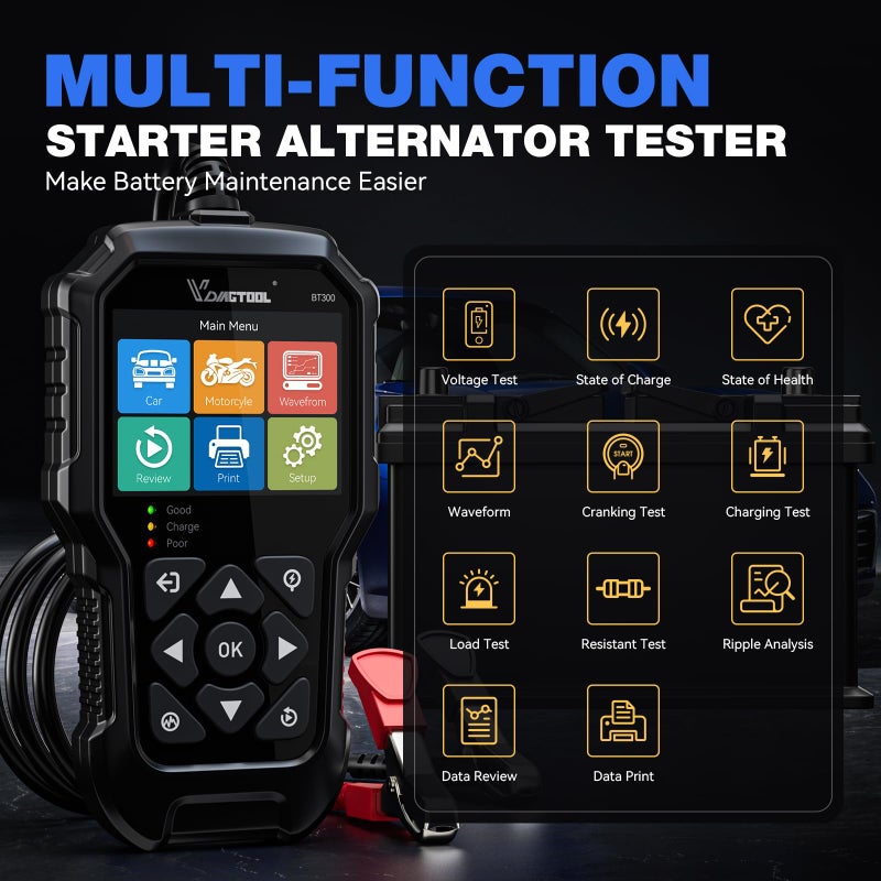 Vdiagtool Bt300 Car Battery Tester 6V 12V  5-3000 Cca Load Tester Starter Alternator Tester Automotive Charging Cranking System Tester For Motorcycle Car Truck Suv Atv Boat - Image 2