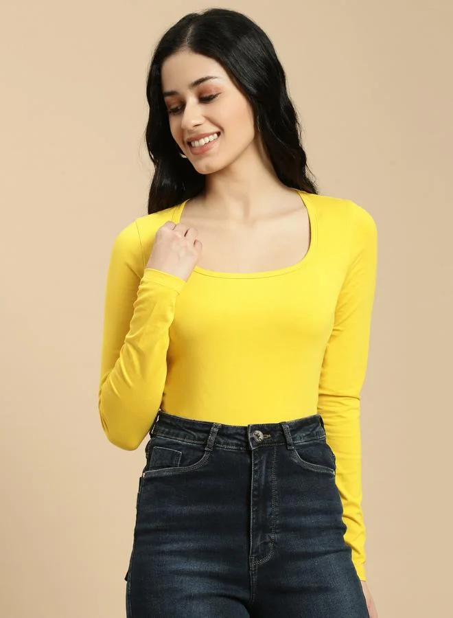 ECOLORE Mustard Solid Square Neck Long Sleeves Top