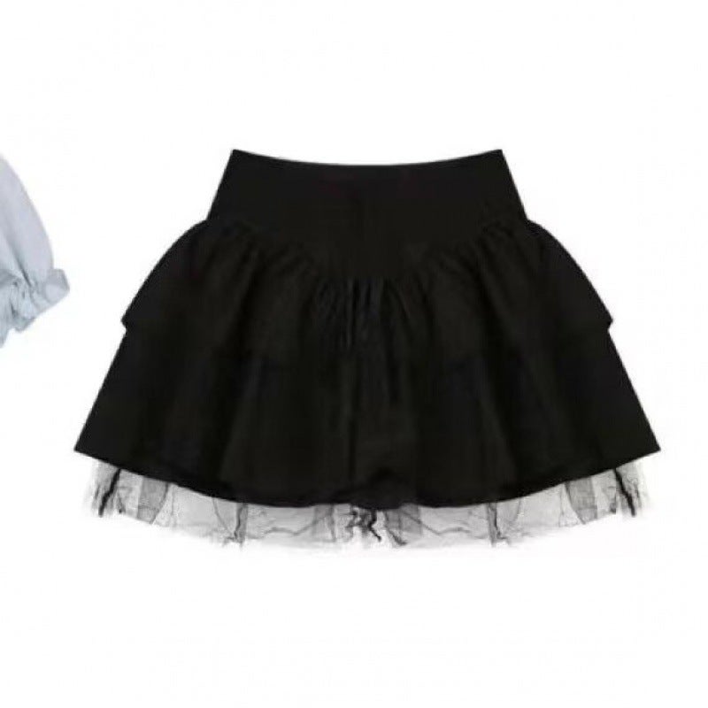 Stitching Lace-Trim High Waist Black Puff Skirt Womens Spring and Summer Skirt Korean Style Puff Sleeve Shirt Two-Piece Set One-Piece Black Lace Tutu Dress
