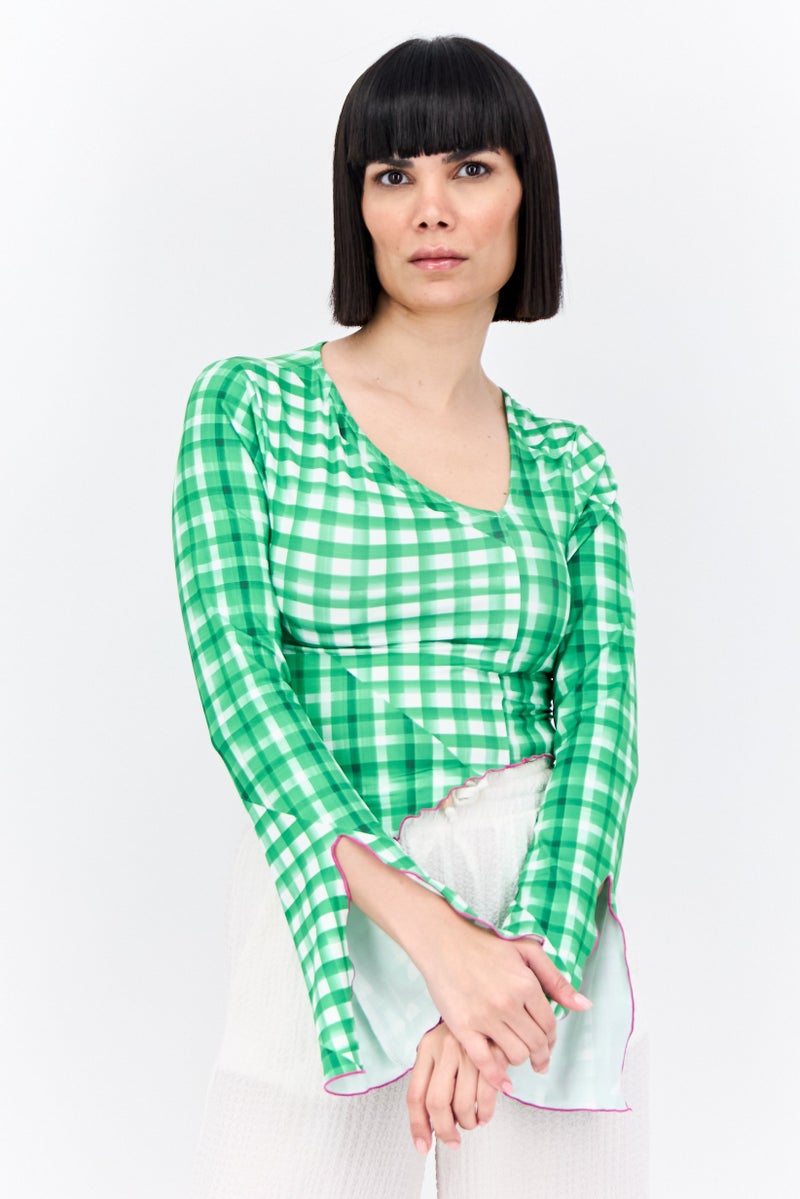 ONLY Women V-Neck Long Sleeves Checkered Crop Top, Green - Image 1