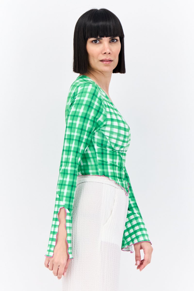 ONLY Women V-Neck Long Sleeves Checkered Crop Top, Green - Image 2