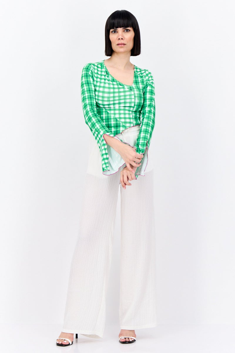 ONLY Women V-Neck Long Sleeves Checkered Crop Top, Green - Image 4