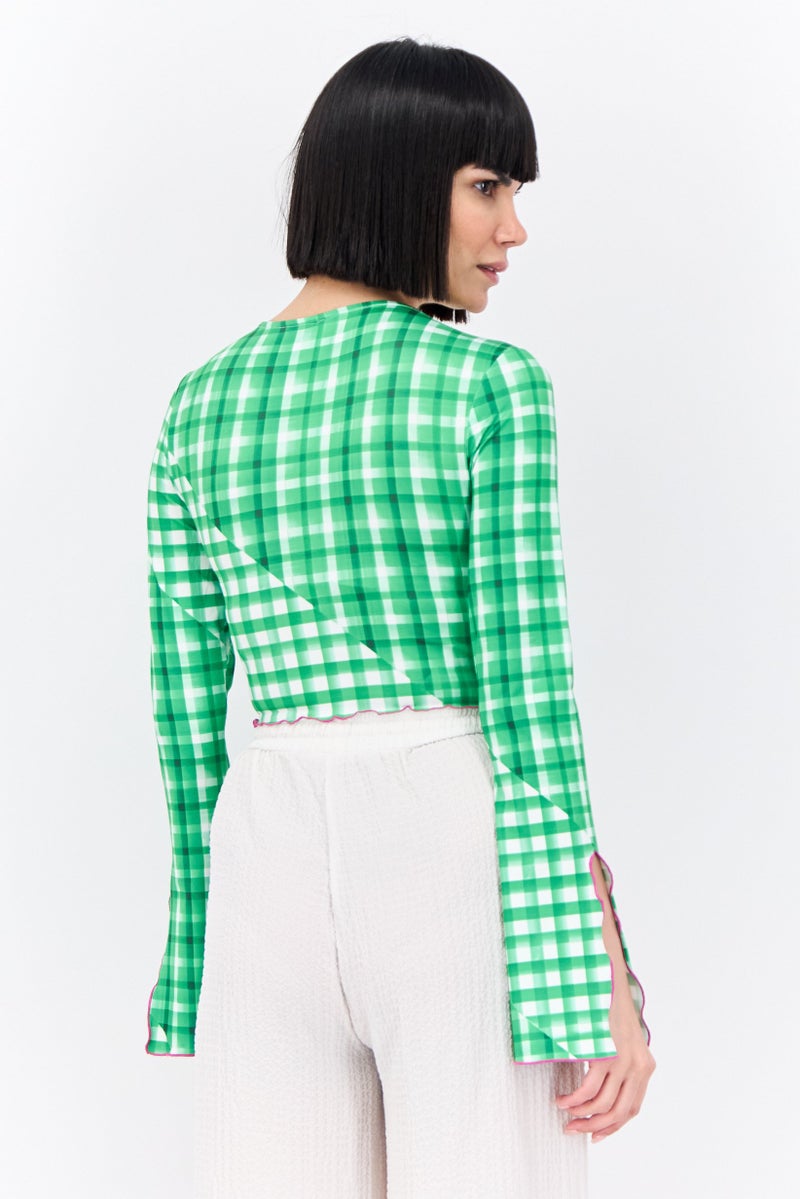 ONLY Women V-Neck Long Sleeves Checkered Crop Top, Green - Image 3