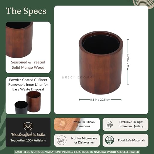 Brick Brown Premium Solid Wood Trashbin Multipurpose Furniture Basket For Home Living Room Office | Dustbin With Removal Metal Inner Liner Open-Top From Mahogany Collection (Curvy, 8X8X9 Inch) - Image 3